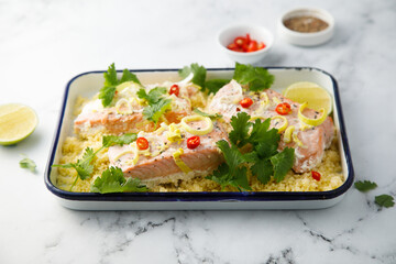 Roasted salmon with rice