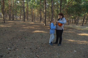 Fototapeta premium Grandmother and granddaughter walking in forest holding sports ball on sunny day