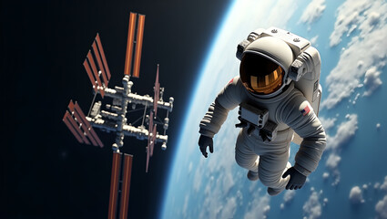 Astronaut Spacewalk Near Orbital Station Above Earth
