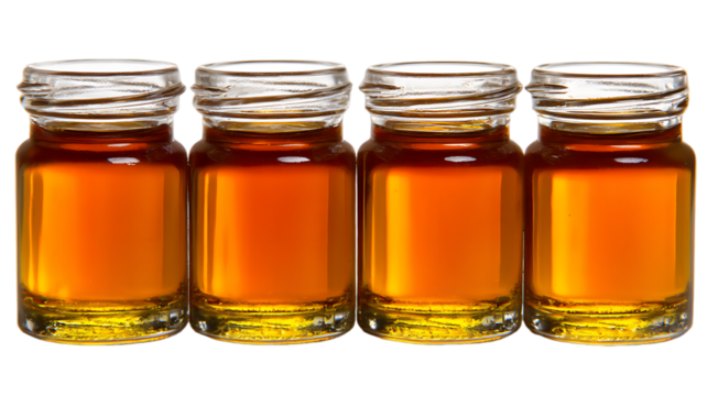 Four small glass jars filled with golden syrup or honey on a black background