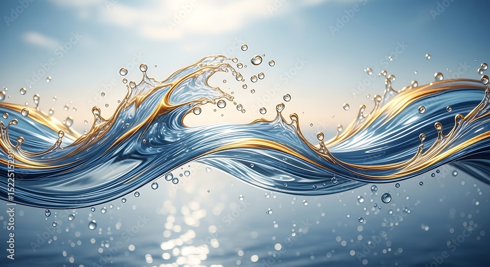 Poster abstract water wave with golden highlights and bubbles against a soft sky representing purity refres