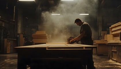 Woodworker using a planer in a workshop.