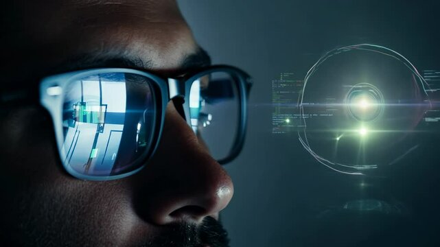 Close-up of a male programmer's eyes with eyeglasses in front of computer monitor. Behind his eyeglasses, his eyes convey passion and commitment to mastering the art of programming.
