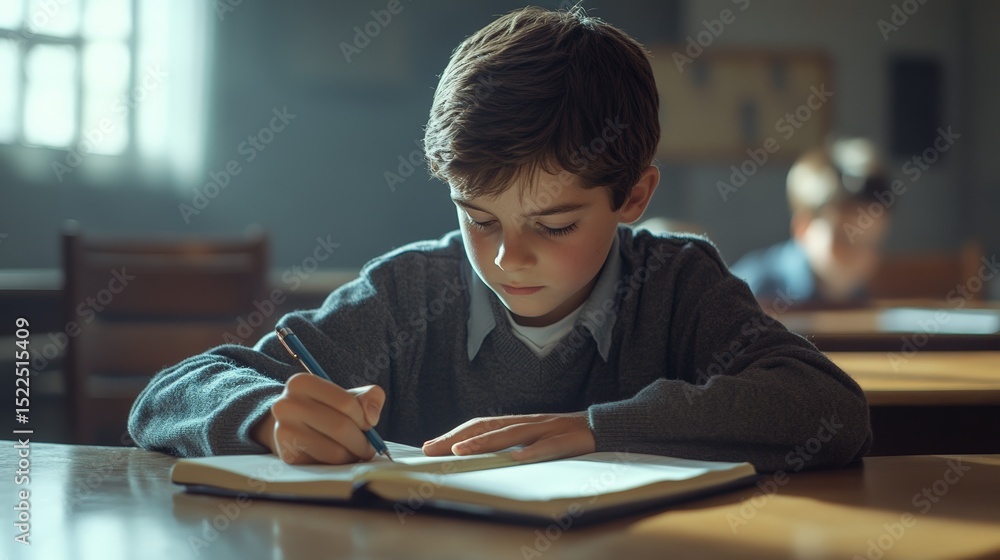 Poster elementary school student carefully writes in notebook with pencil during class, concentrating on ta