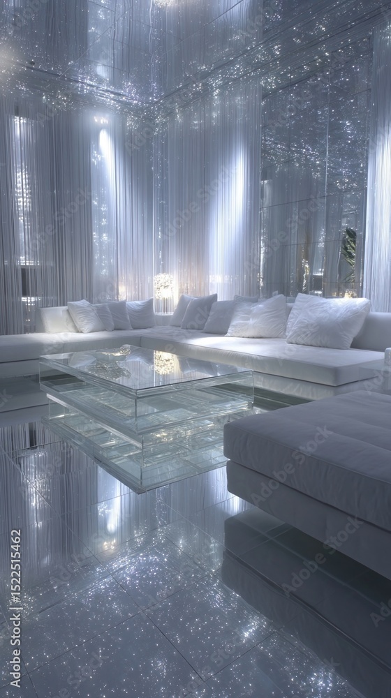 Poster dreamy reflections a living room where mirrors and reflective surfaces dominate creating an illusion
