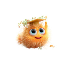 Obraz premium Adorable Orange Fuzzy Creature in Graduation Cap with Flower Wreath