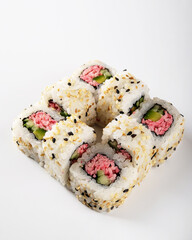 A Beautiful and Colorful Arrangement of Sushi Rolls on a