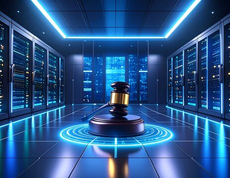 Futuristic server room with judge's gavel