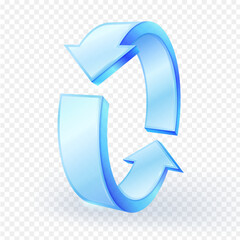 3d blue glass circular refresh arrow icon with transparent background. Ideal for ui, update, reload, sync, and technology related designs. 3D vector illustration.