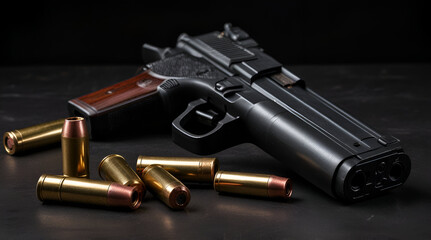 Handgun with rifle and ammunition on dark background with copy space,generative.ai

