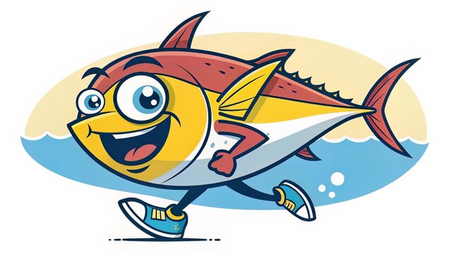A fun, comic-style tuna character with expressive eyes and a dynamic pose, rendered in high-contrast colors for cheerful branding.