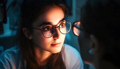Close-up of a woman wearing glasses in a dimly lit room.