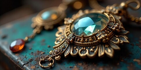 Close-up of antique jewelry, sparkling with age and tarnish, reflecting light; ornate details, rich textures, vintage glamour , decadent, detail