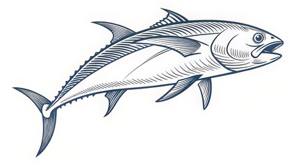 Obraz premium A vintage-style line drawing of tuna mid-leap, designed with elegant minimalism and artistic fluidity in motion.