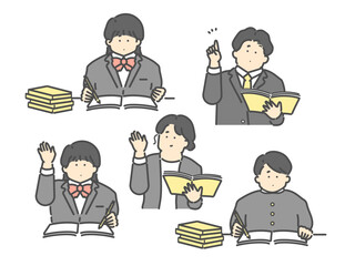 授業をする男女の先生、勉強する男女の生徒  イラストセット