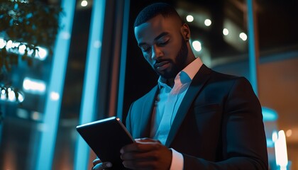 Dark-suited man looking at a tablet at night.