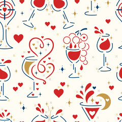 Wine Lover. Romantic Vector Seamless Pattern of Wine Glasses with Hearts, Shining Stars, Wine Splashes