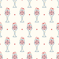 Wine Lover. Romantic Vector Seamless Pattern of Wine Glasses Target with Hearts, Wine Splashes