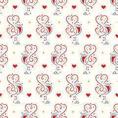 Wine Lover. Romantic Vector Seamless Pattern of Wine Glasses with Hearts, Wine Splashes