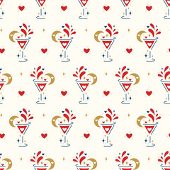 Wine Lover. Romantic Vector Seamless Pattern of Wine Glasses with Hearts, Wine Splashes, Moon