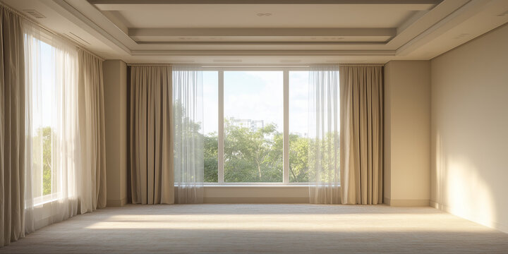 serene empty bedroom interior with beige color scheme