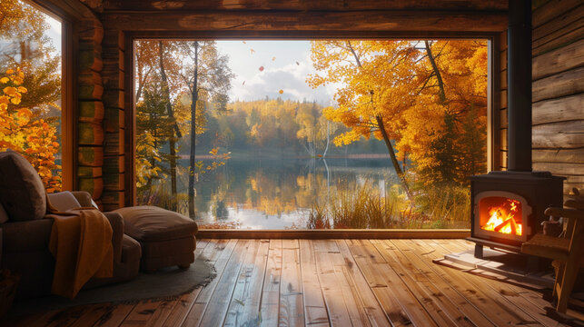 The inside of a cozy wooden cottage with a warm fireplace, a plush armchair, and a large window showing a clear view of a serene lake surrounded by golden autumn trees.