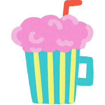 A fun and vibrant smoothie cup illustration with a pink whipped topping, created using an oil paint round brush. Features colorful vertical stripes and a red straw, hand-drawn style.