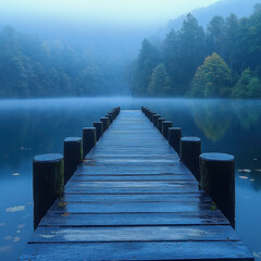 Obraz premium Person fishing on a dock in the middle of a lake.