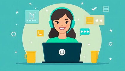 Woman with headphones using a laptop.