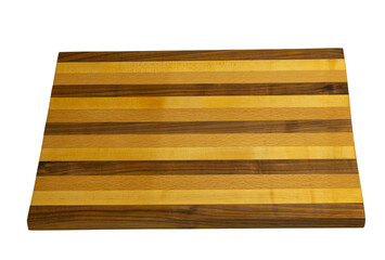 Walnut, chestnut and cherry hardwood cutting board for the kitchen, isolated against a white background