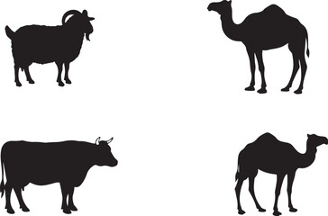 Black silhouette illustrations of farm animals including goat camel and cow against white background
