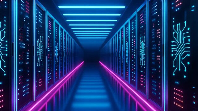 Long datacenter corridor lined with server racks, glowing network lights, cloud computing and digital infrastructure in 3d server room concept