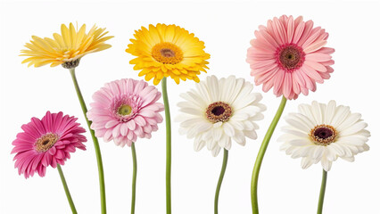 Colorful Collection of Gerbera Daisies with Pink, Yellow, and White Variations on a transparent Background Featuring Different Bloom Designs and Petal Shapes
More