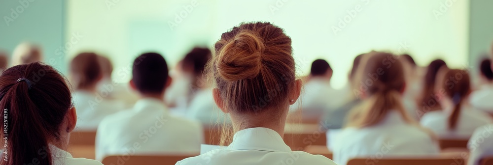 Poster group of students in white shirts attentively listening to a lecture in a classroom, sitting on wood