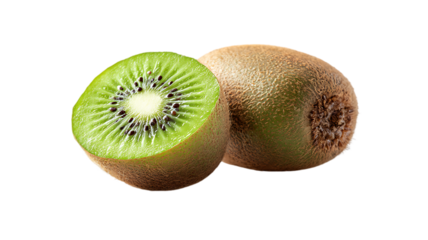 Freshly cut kiwi fruit with a whole kiwi isolated on a black background