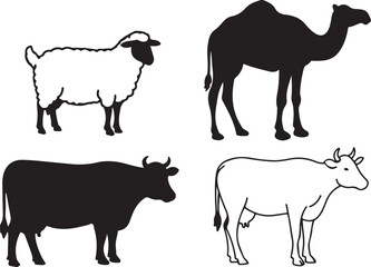 Simple black and white silhouettes of sheep camel cow and cattle animals isolated on white background