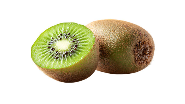 Freshly cut kiwi fruit with a whole kiwi isolated on a black background