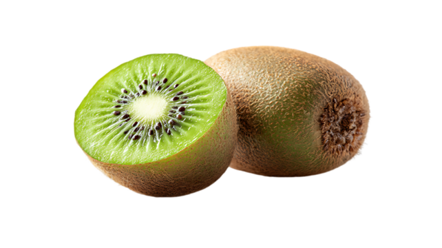 Freshly cut kiwi fruit with a whole kiwi isolated on a black background