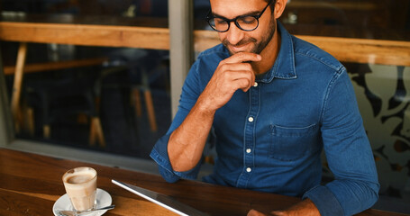 Thinking, business and man in coffee shop, tablet and graphic designer with app for project. Person, freelancer and entrepreneur in restaurant, email and creativity with website info and solution