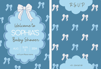 Baby shower invitation card with cute ribbon bows on blue background. Vector printable template design for newborn, baby.
