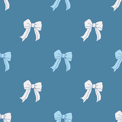 Girly ribbon bows vector patternon blue background. Festive bows in vintage retro style