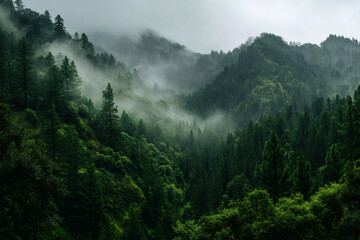 Fototapeta premium Top view of forest with layers of fog. Mountain background