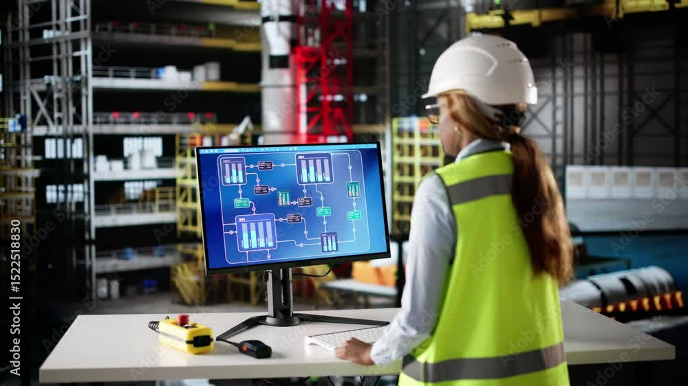 Aufkleber scada operator woman in at factory. process engineer
