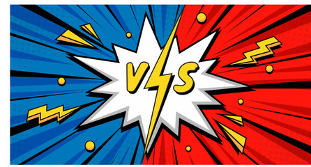 A vibrant comic-style "vs" background with bold red and blue color contrast, lightning bolts, and explosive effects. Perfect for illustrating competition, conflict, or dynamic matchups in pop art 