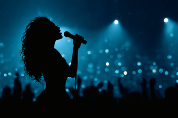 Silhouette of woman singing on stage with backlight