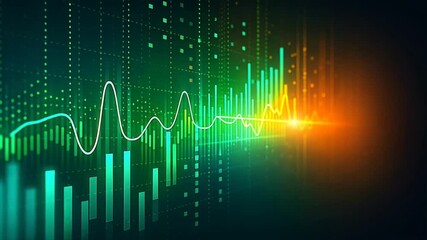 Rising digital chart with numbers and data lines on glowing grid, concept of finance technology, market analysis, stock or cryptocurrency trends - Powered by Adobe