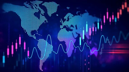 Glowing tech chart with rising data lines and map, financial growth concept, abstract view of market analysis in digital economy background - Powered by Adobe