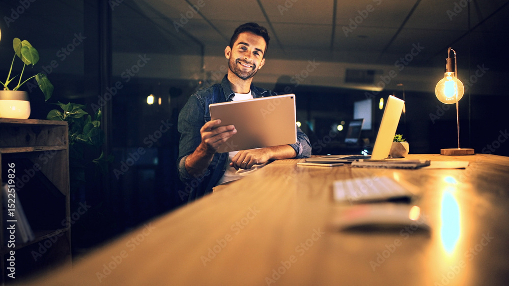 Poster night, business and man with tablet, portrait and smile with graphic designer, app and web proposal.