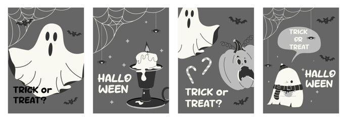 Templates for covers and advertising posters for a Halloween party. Vertical black and white flyers with traditional Halloween symbols: creepy ghost, candle, bats, scary pumpkin, sweets. Flat vector.