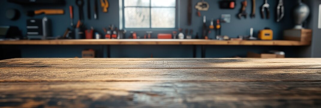 An empty wooden garage table with a blurred background of tools and workshop equipment
